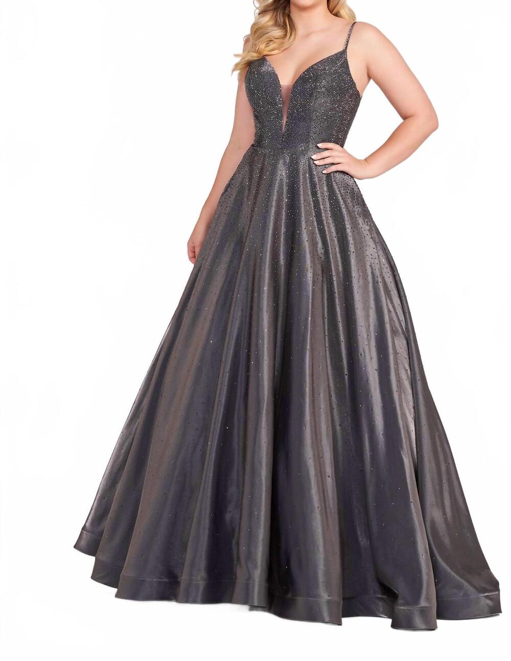 NEW ELLIE WILDE sleeveless stone accent a-line long prom gown in gunmetal
